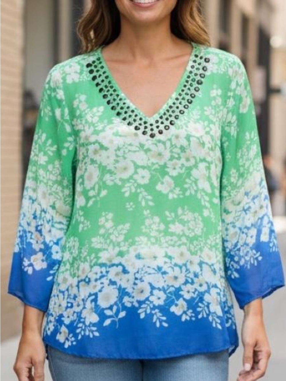 Valerie Stevens Green and Blue Floral V-Neck Blouse